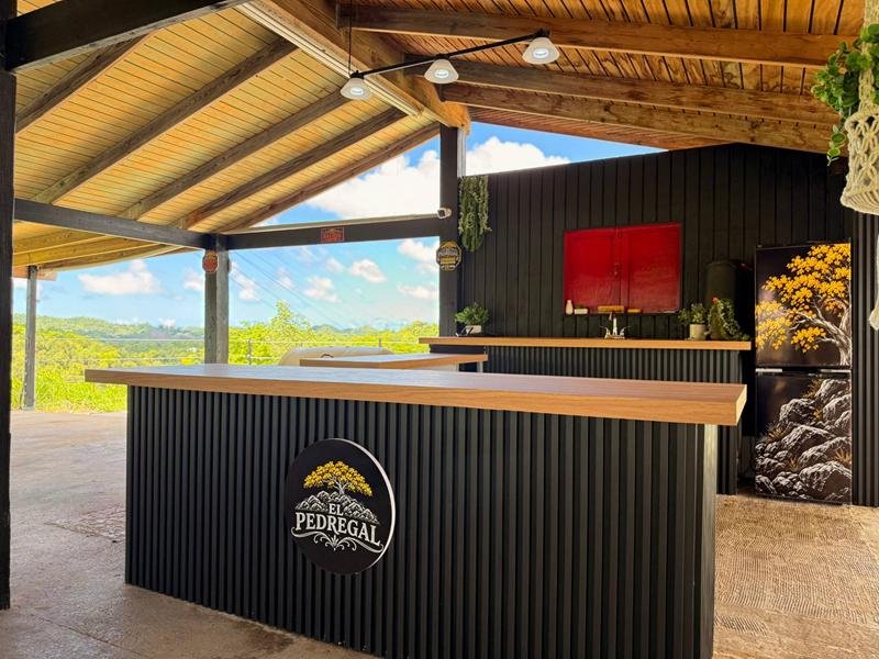 Barra negra con tope de madera y vista a las montañas