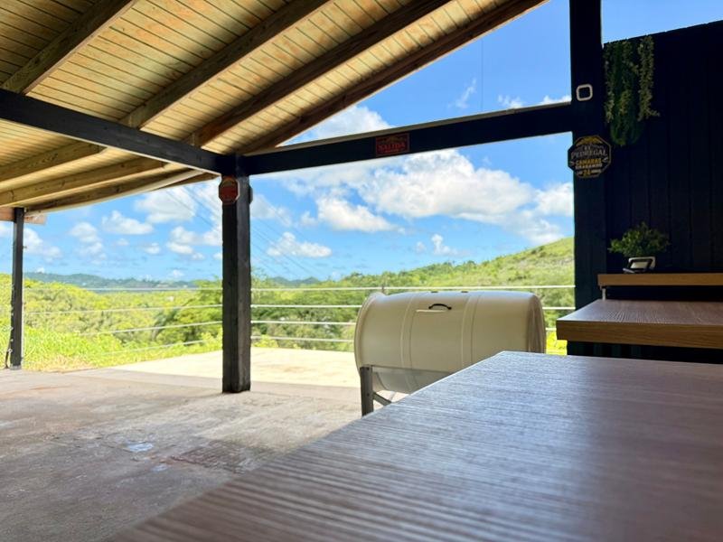 Vista a las montañas desde la barra, con la nevera para cervezas al frente