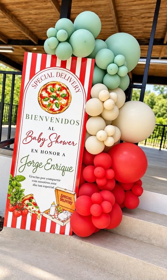 Letrero de bienvenida «Special Delivery» del baby shower, con arreglo de globos rojos, crema y verdes en la escalera